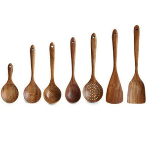 Open image in slideshow, Teak tableware spoon colander long handle spoon wooden non stick
