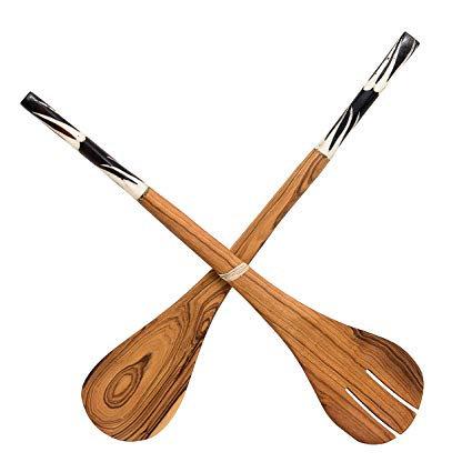 Traditional African salad servers set hand curved olive wood Spoon